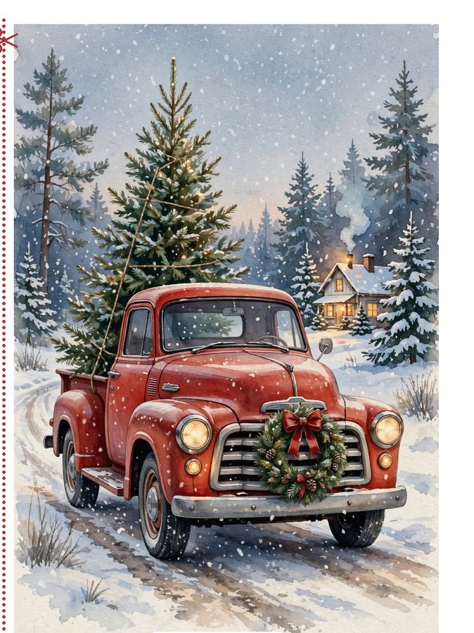 Vintage red truck with Christmas tree by a cozy cabin — farmhouse rice paper design