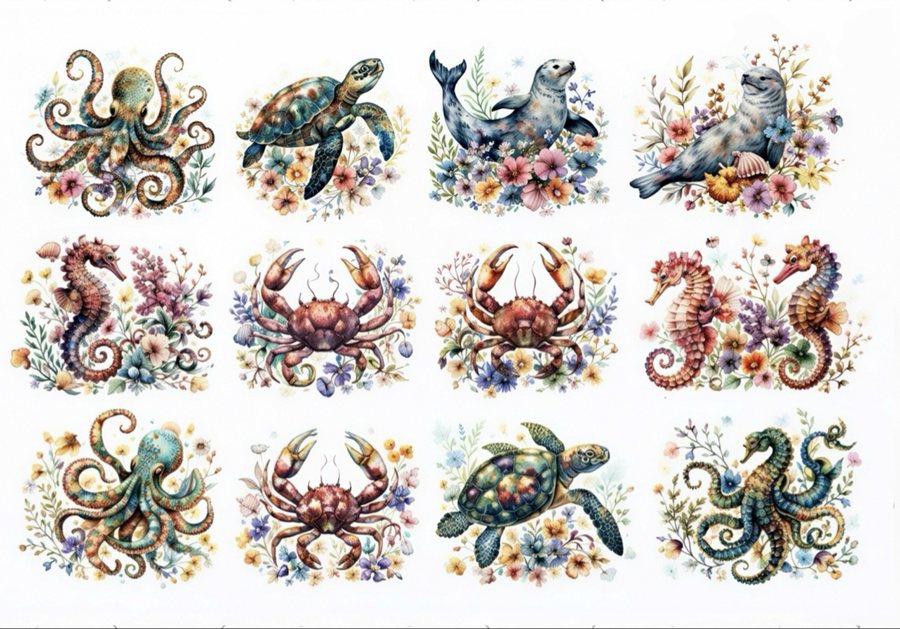 Mini sea creatures and flowers for oyster shell rice paper designs
