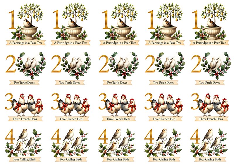 12 Days of Christmas Minis days 1 to 4 — partridge, turtle doves, french hens, calling birds