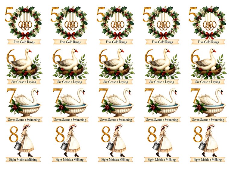 12 Days of Christmas Minis days 5 to 8 — gold rings, geese, swans, maids milking