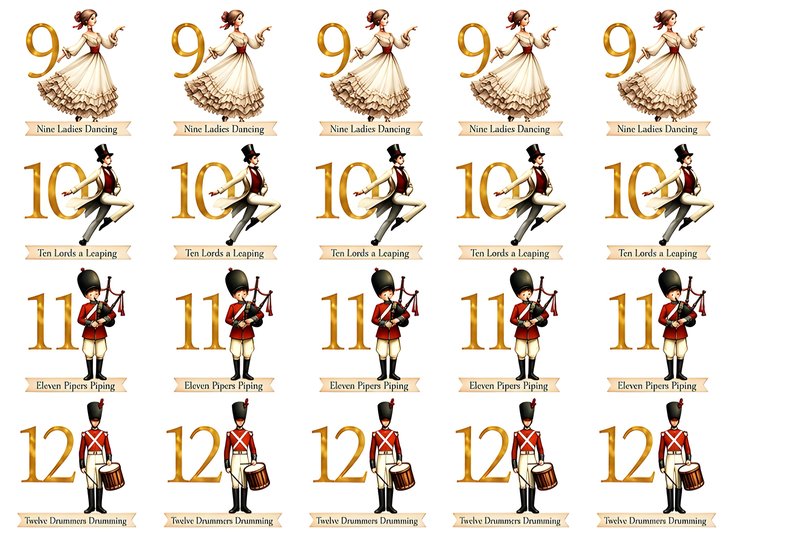 12 Days of Christmas Minis days 9 to 12 — ladies dancing, lords leaping, pipers, drummers