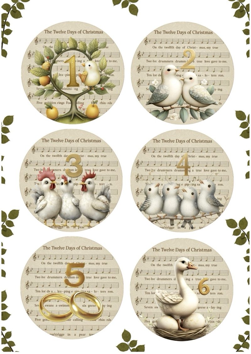 12 Days Circles Days 1 to 6 — partridge through geese in vintage circles