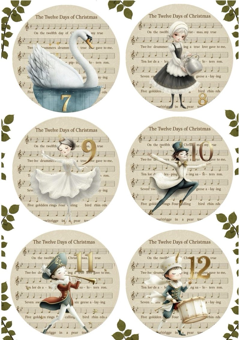 12 Days Circles Days 7 to 12 — swans through drummers in vintage circles