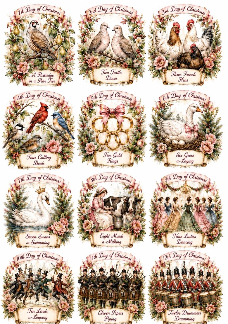 12 Days of Christmas Full Grid — all twelve days in floral frames