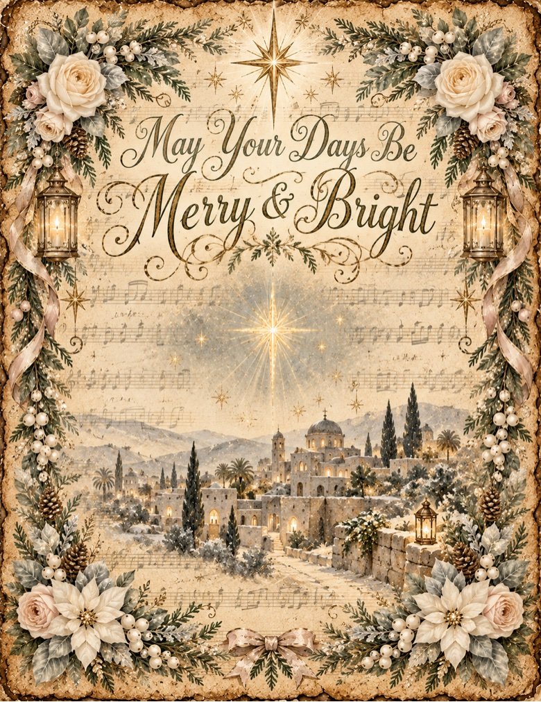 Merry and Bright Bethlehem — vintage sheet-music style Bethlehem under the star
