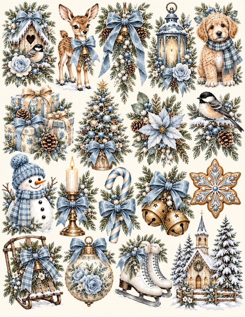 Blue Christmas — elegant icy-blue Christmas motifs with deer, gifts, and snowflakes