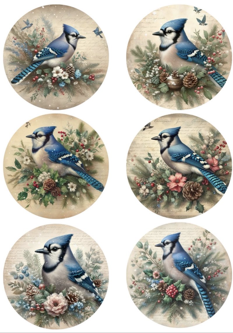Blue Jay Circle Portraits — 6 blue jays among pinecones and berries