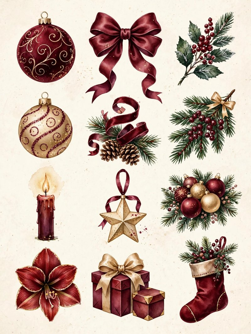 Burgundy Velvet Christmas — 12 elegant Christmas motifs in deep burgundy and gold