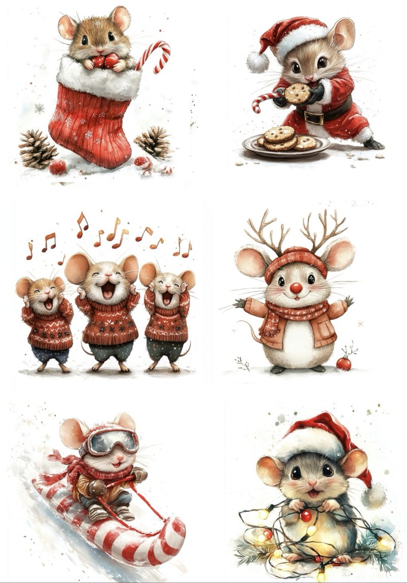Christmas Mice — six adorable mice celebrating Christmas in tiny outfits