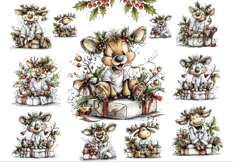 Cute Reindeer and Holly — playful cartoon reindeer with gifts and holly