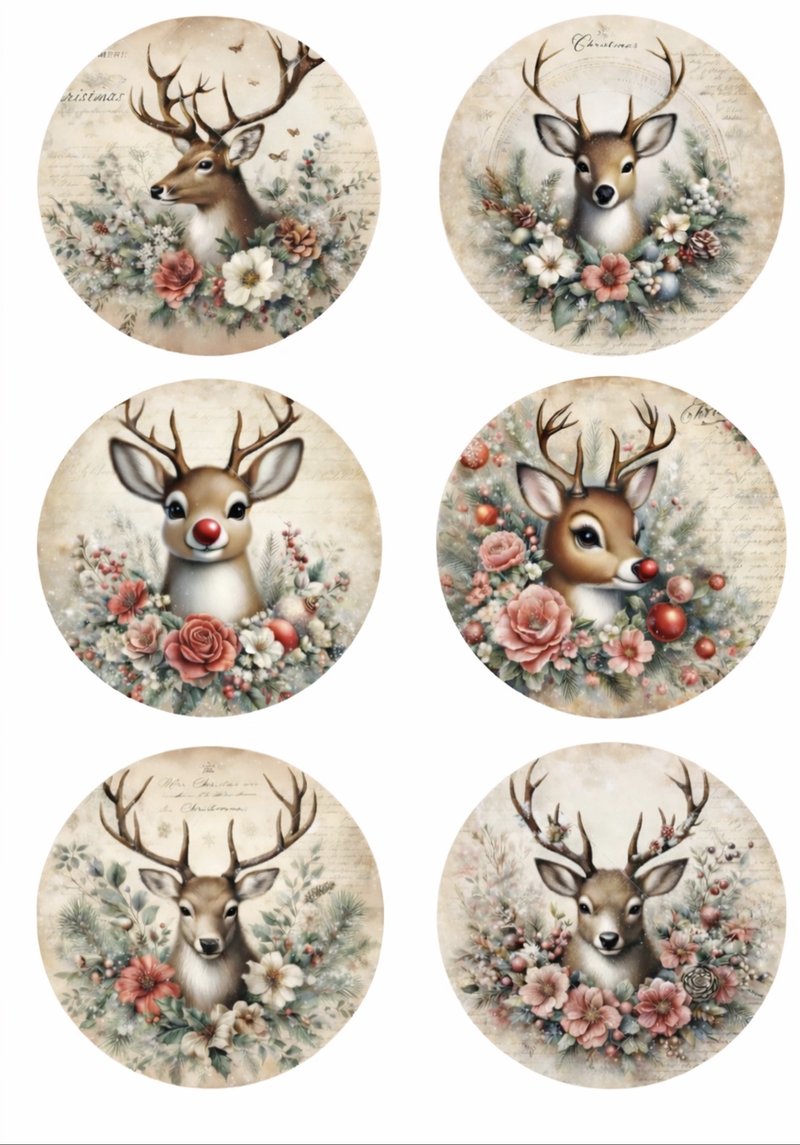 Deer and Reindeer Circle Portraits — 6 deer and reindeer among roses