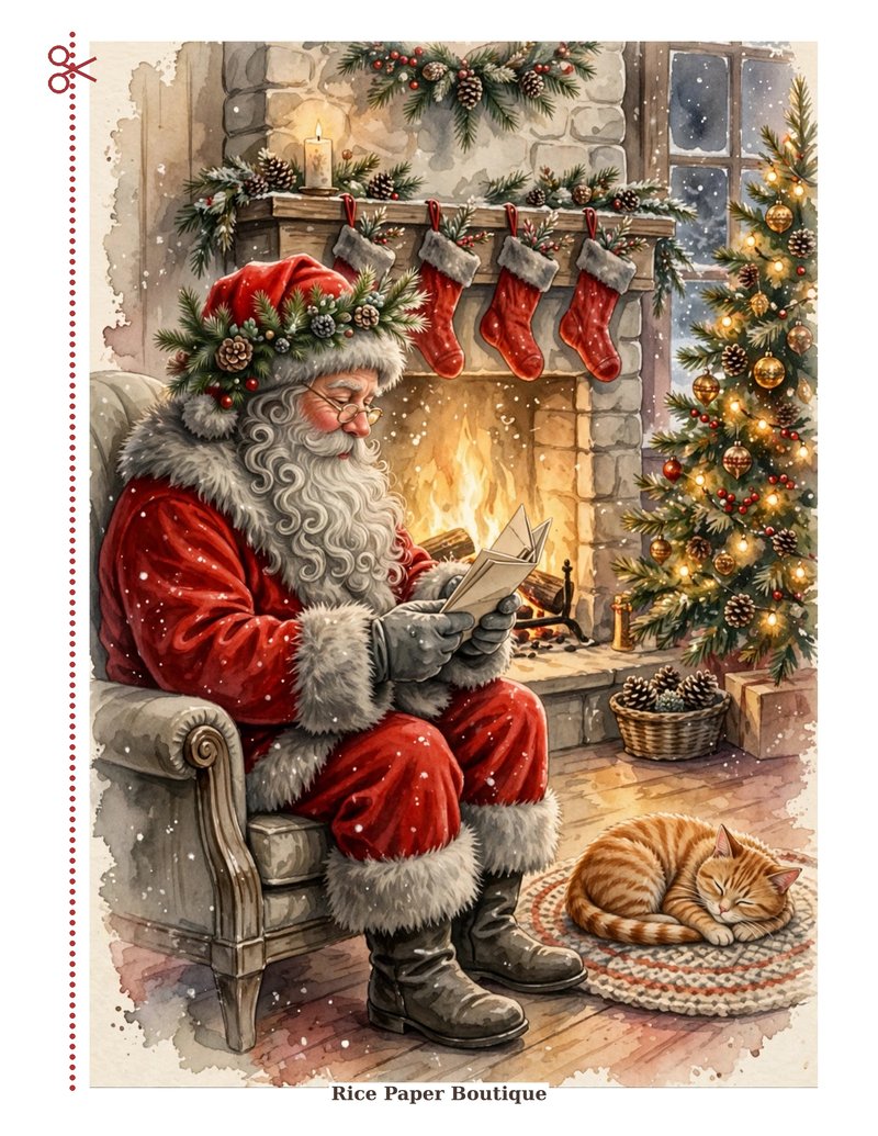 Santa by the Fireplace — Santa reading letters beside a crackling fire with a sleeping cat