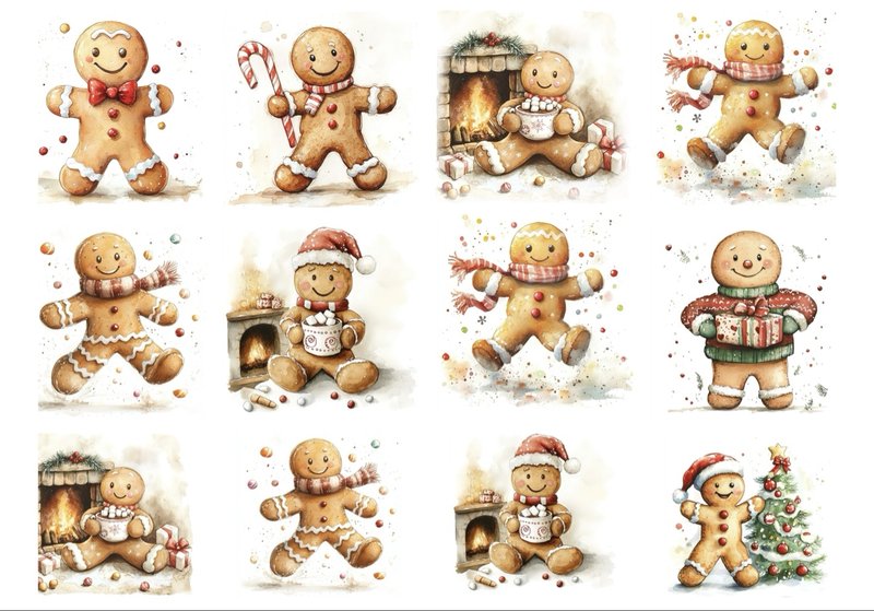 Gingerbread Men — twelve happy gingerbread men in scarves and Santa hats