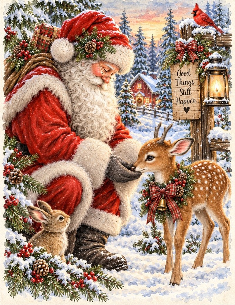 Good Things Still Happen Santa — Santa feeding a baby deer in the snow