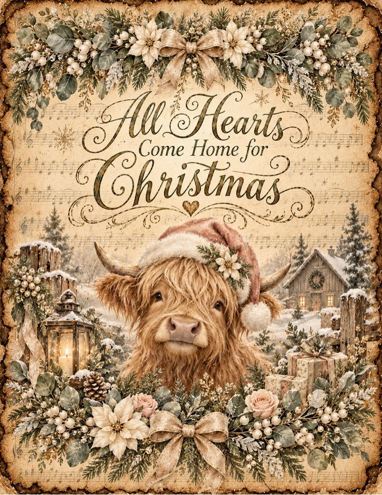 Highland Cow All Hearts Come Home for Christmas — adorable highland cow in a Santa hat