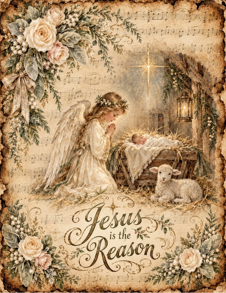 Jesus is the Reason — angel kneeling before baby Jesus in the manger