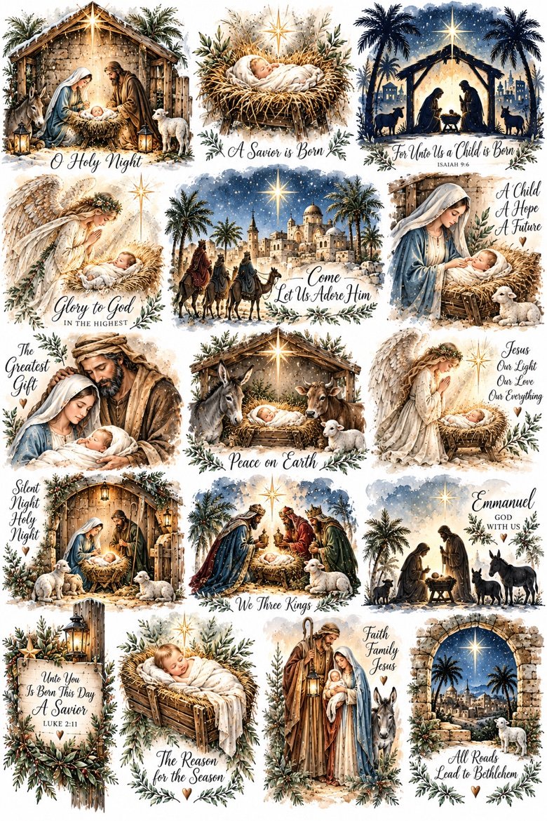 Nativity Verse Collage — 16 nativity scenes each with a beloved verse