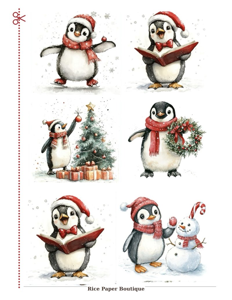 Christmas Penguins — adorable penguins in Santa hats decorating trees and singing carols