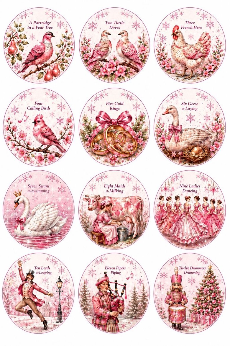 Pink 12 Days of Christmas circles — all twelve days in blush pink