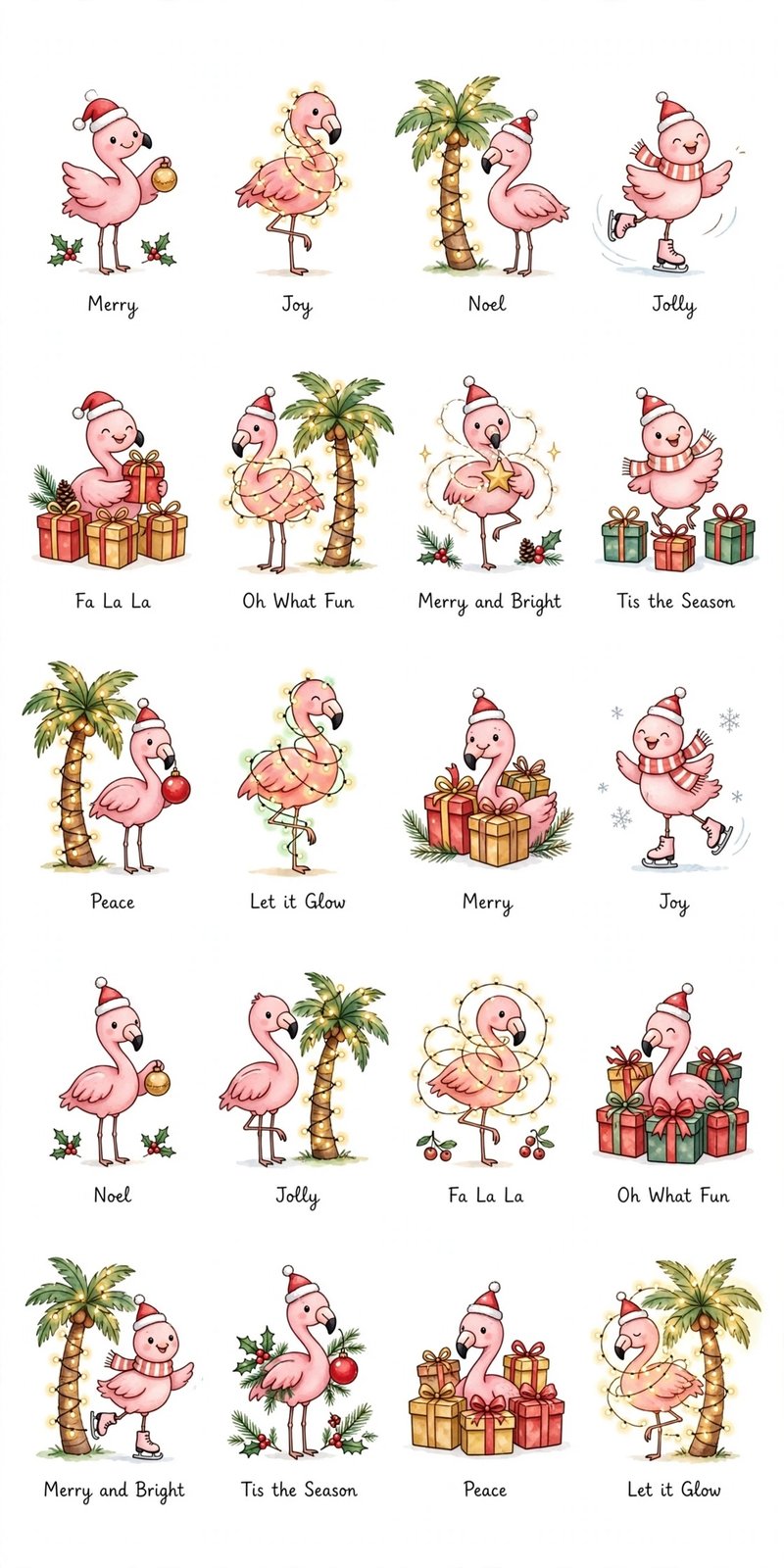 Pink Flamingo Christmas — 20 cute flamingos in Santa hats with holiday sayings