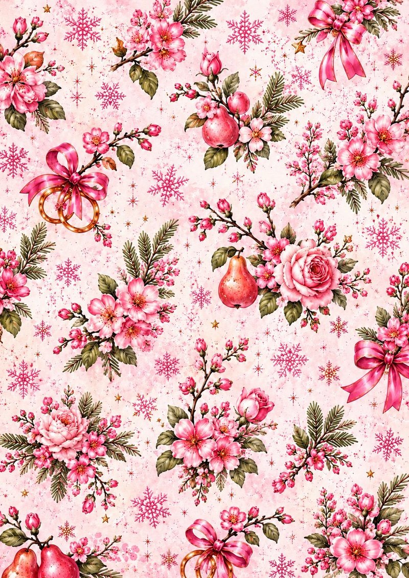 Pink Christmas Floral — pink roses, bows, pears and snowflakes pattern