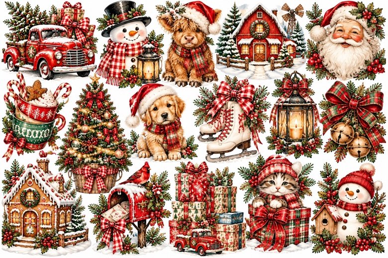 Plaid Christmas Collage — cozy red plaid Christmas characters and scenes