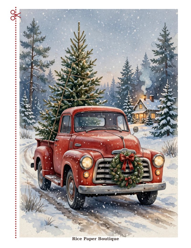 Vintage Red Truck Christmas — classic red pickup hauling a Christmas tree through the snow