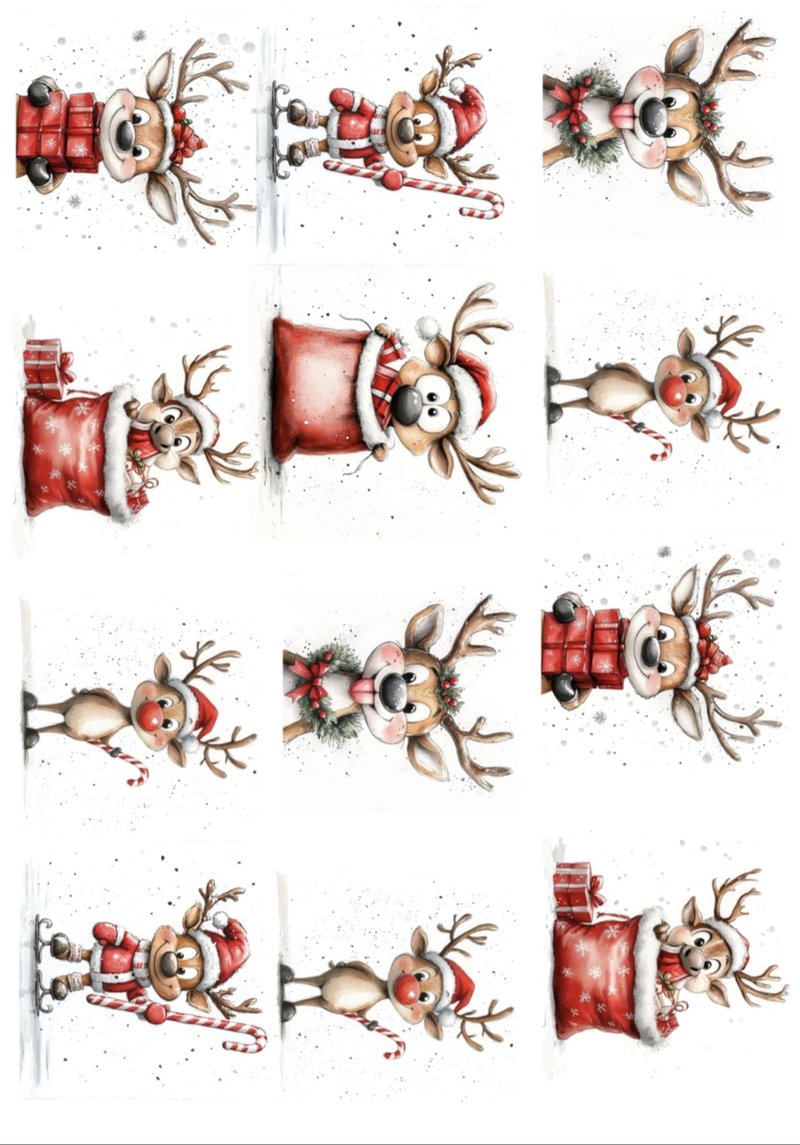 Red-Nose Reindeer — 12 playful cartoon reindeer with candy canes and gifts