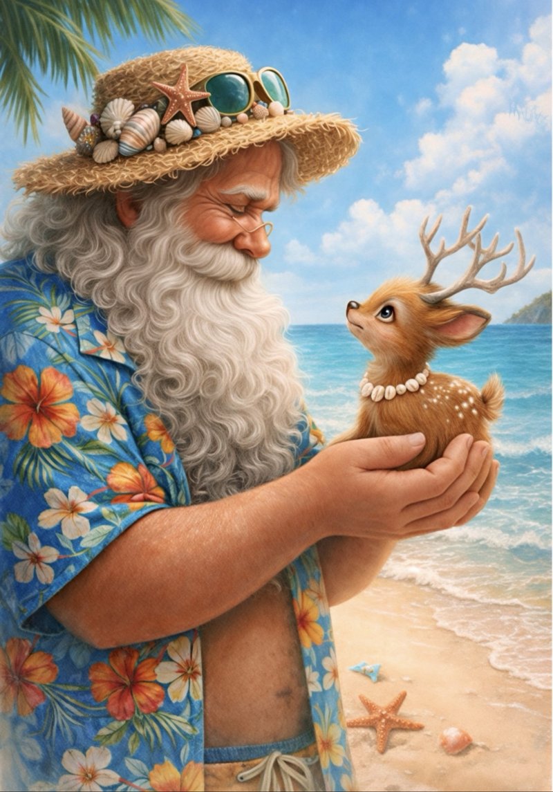 Santa Beach Vacation — Santa in a Hawaiian shirt holding a baby deer on the beach