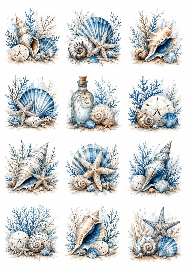 Coastal Blue Seashells — 12 coastal seashell watercolor designs