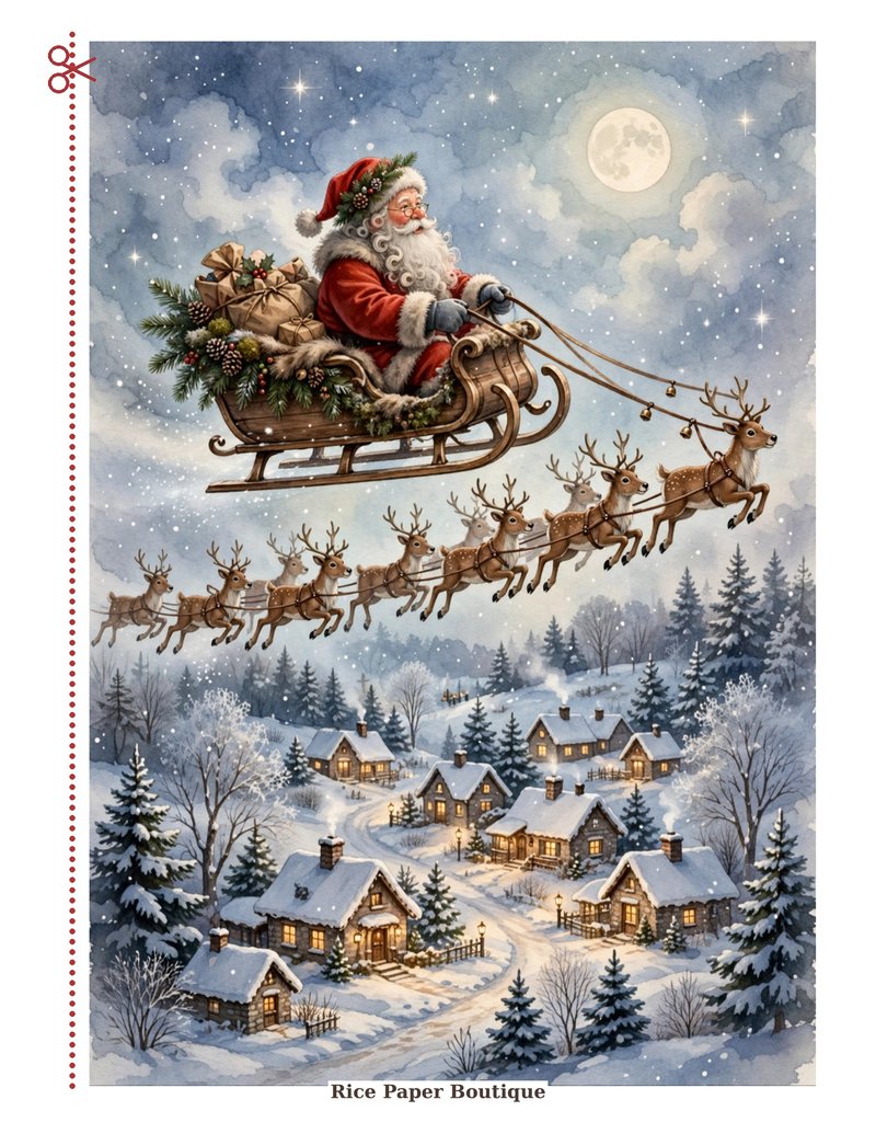 Santa's Sleigh Ride — Santa flying with reindeer over a snowy village at night