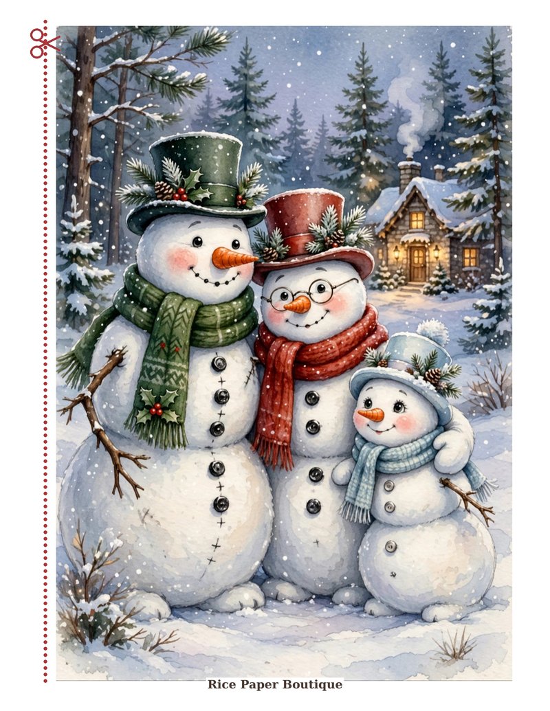 Snowman Family — three happy snowmen bundled up in a snowy forest