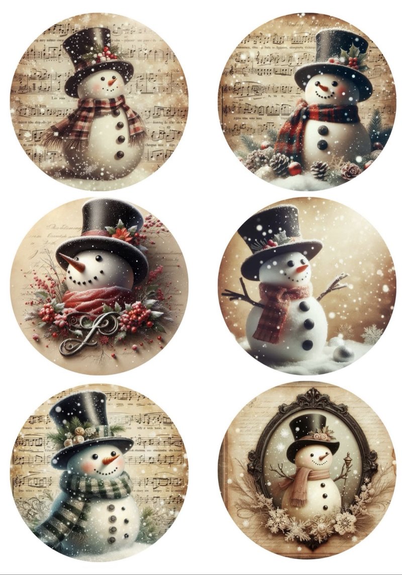 Winter decoupage rice paper designs — snowmen circle portraits