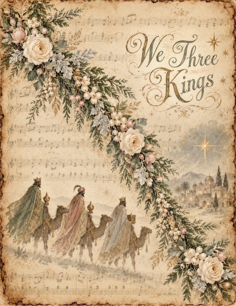 We Three Kings — the magi journeying to Bethlehem on vintage sheet music