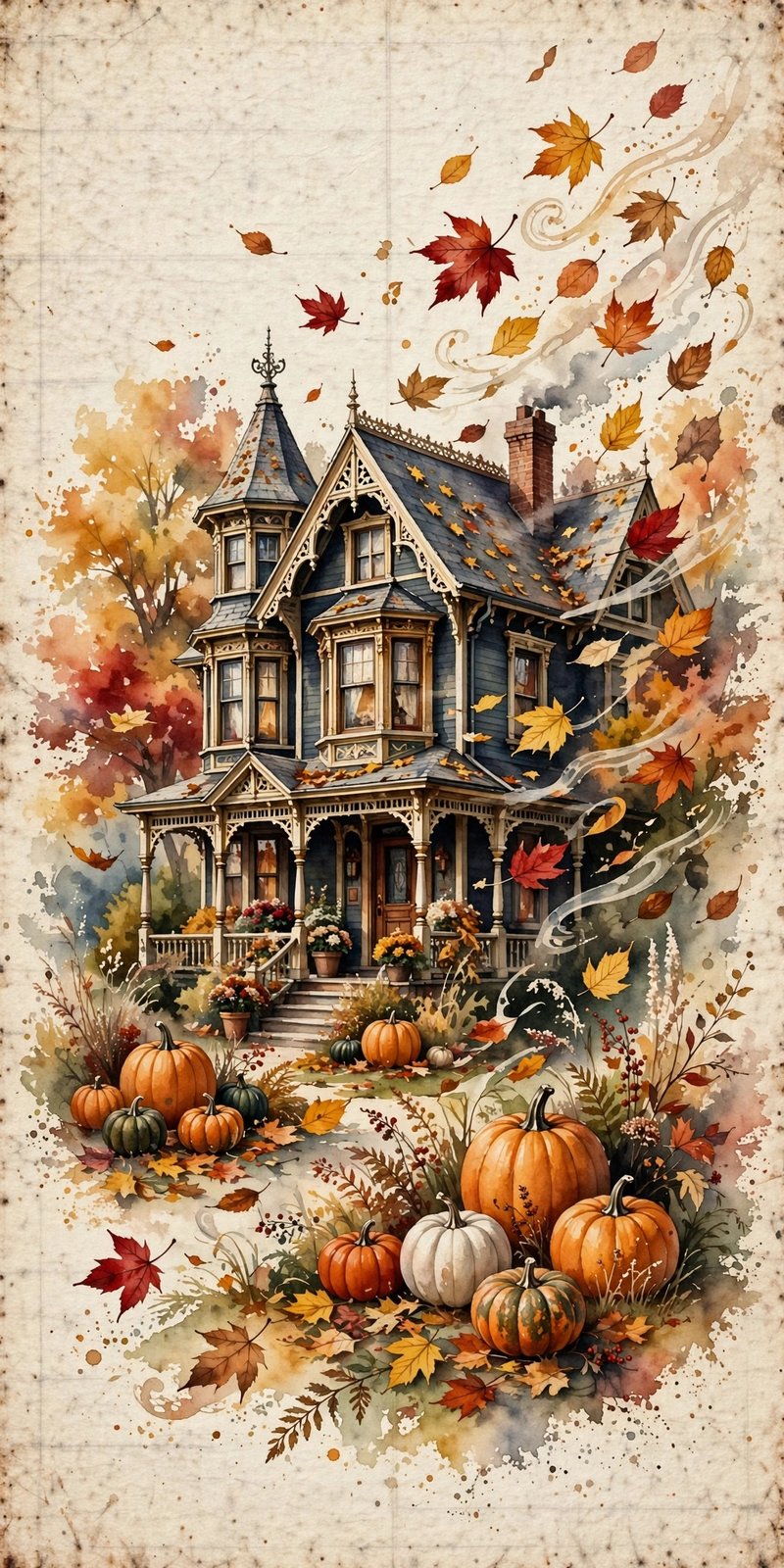 Victorian Fall House — beautiful Victorian home surrounded by autumn leaves and pumpkins