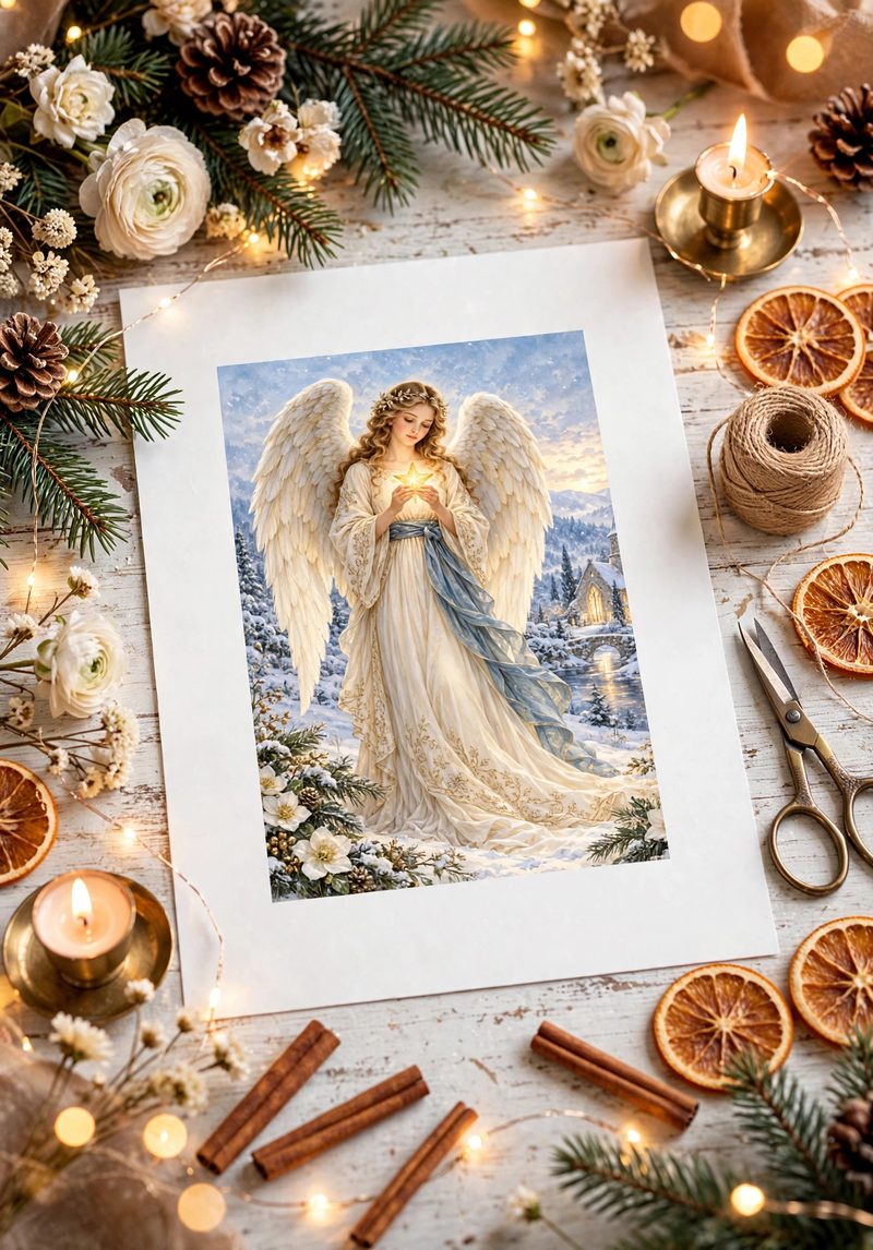 Angel holding a golden star — Christmas rice paper design styled with white roses, cinnamon, and candlelight