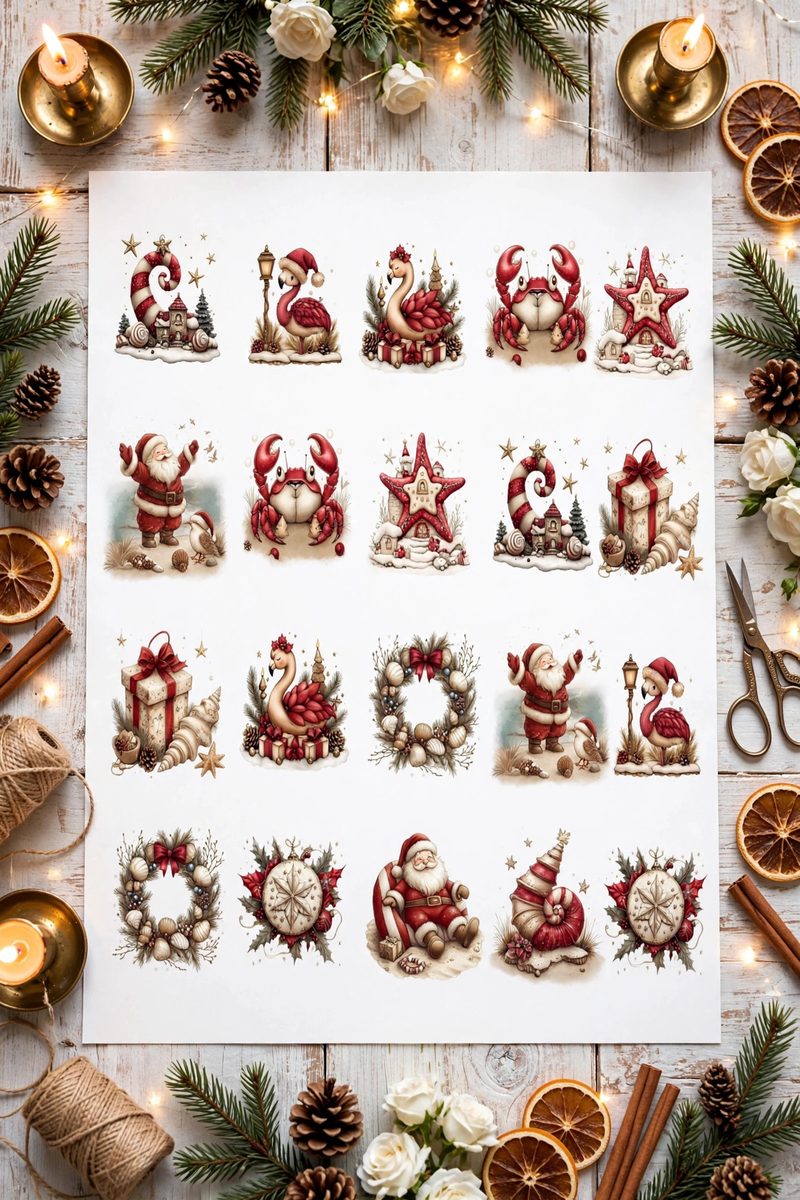 Coastal Christmas Minis rice paper sheet — flamingos in Santa hats, jolly crabs, starfish, and seaside Santas in soft reds and creams