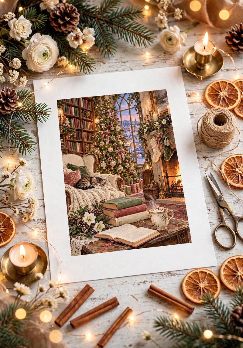 Library Fireside rice paper design — a cozy library with a crackling fireplace, Christmas tree, and a cat asleep on the armchair
