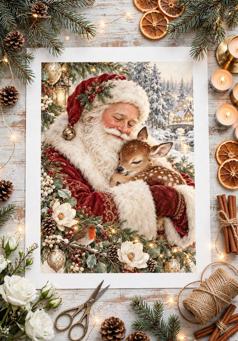 Santa cradling a sleeping baby deer — a Christmas rice paper design photographed on our workshop table with candles, pinecones, and fairy lights