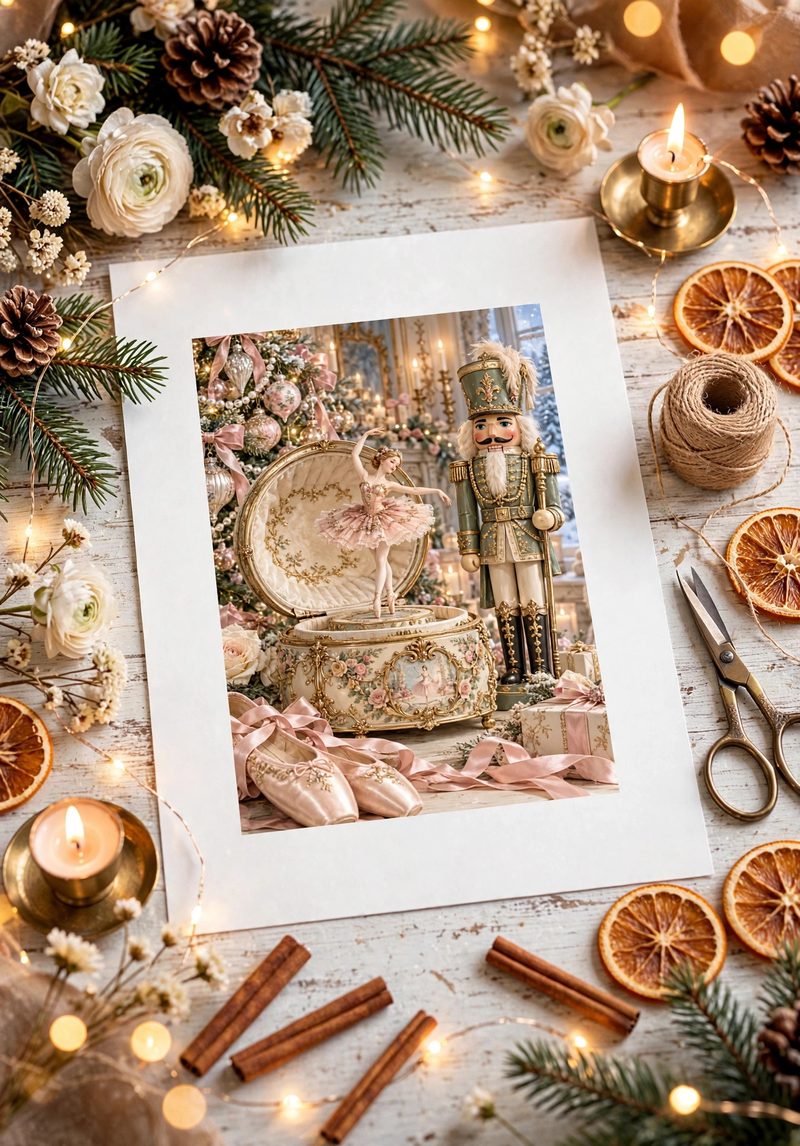 Pink nutcracker and ballerina rice paper design styled with satin pointe shoes, roses, and warm candlelight