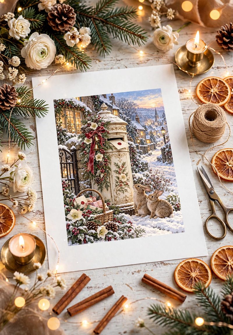 The Christmas Post Box rice paper design — two bunnies beside a snowy village post box with a basket of Christmas letters