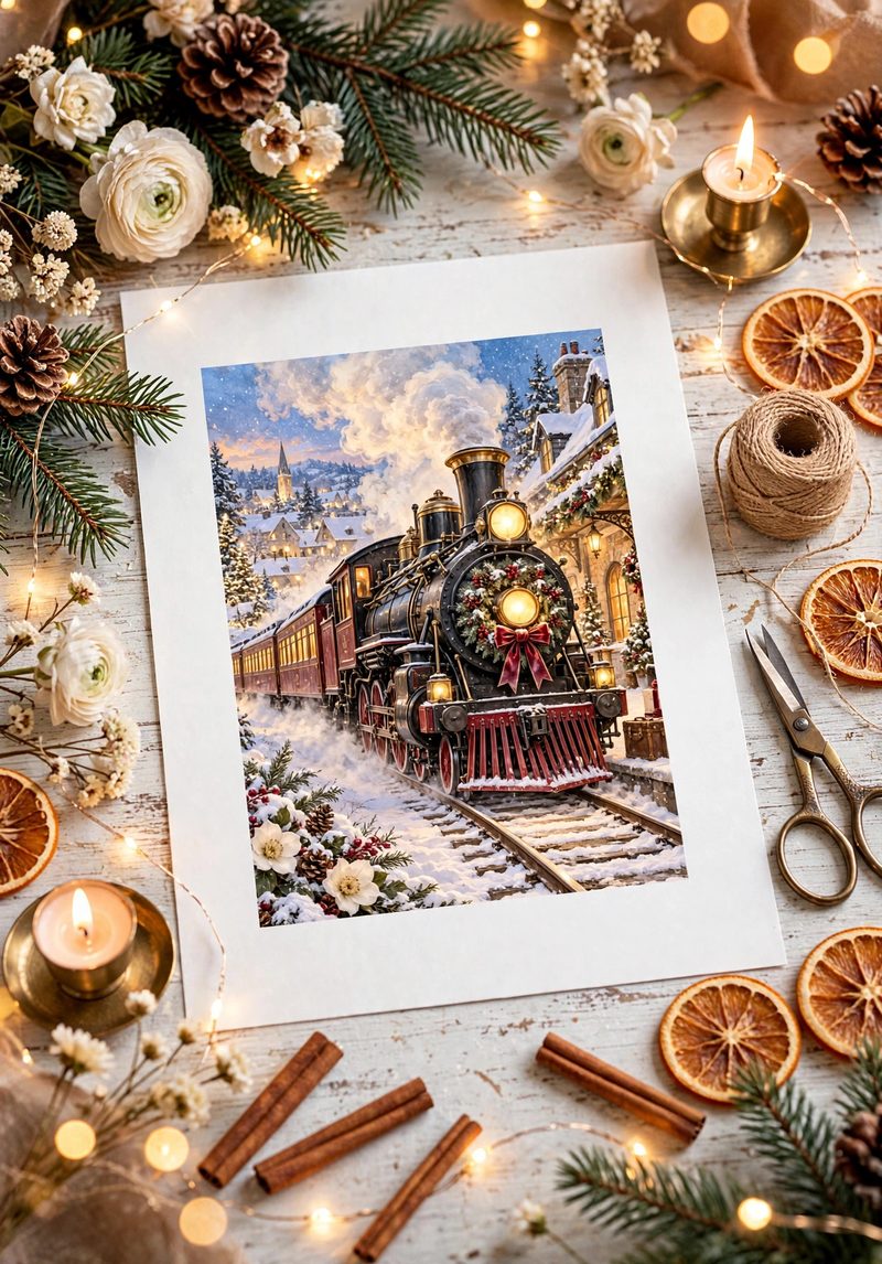 The Christmas Train rice paper design on our workshop table — a vintage steam engine with a wreath, rolling through a snowy lamplit village