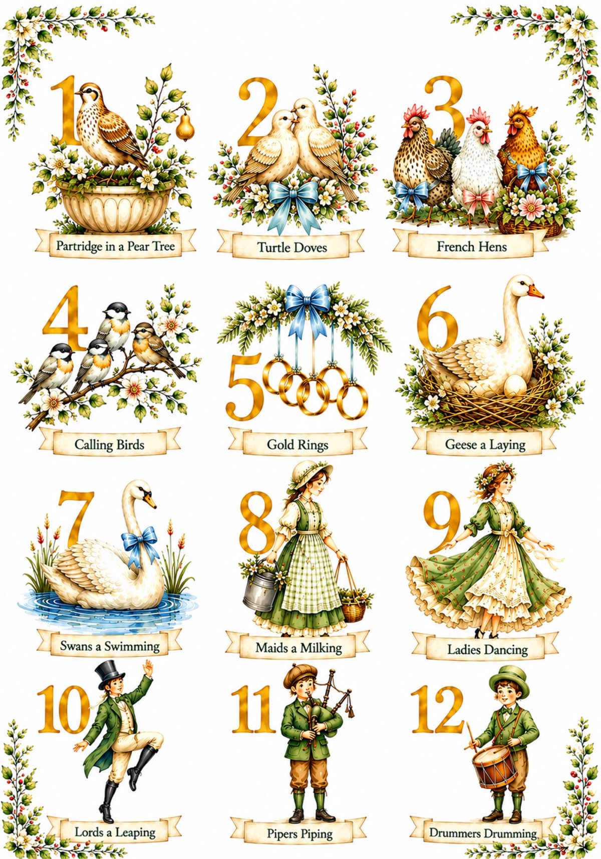 12 Days Christmas Cottage Vintage Birds decoupage rice paper design