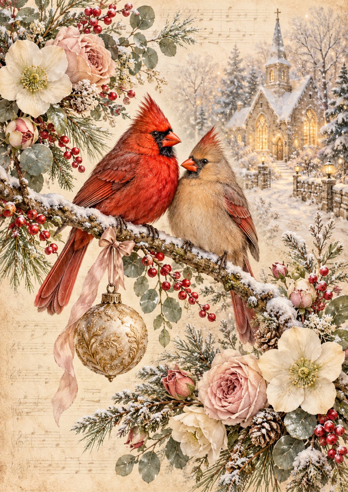 Red Birds Winter decoupage rice paper design