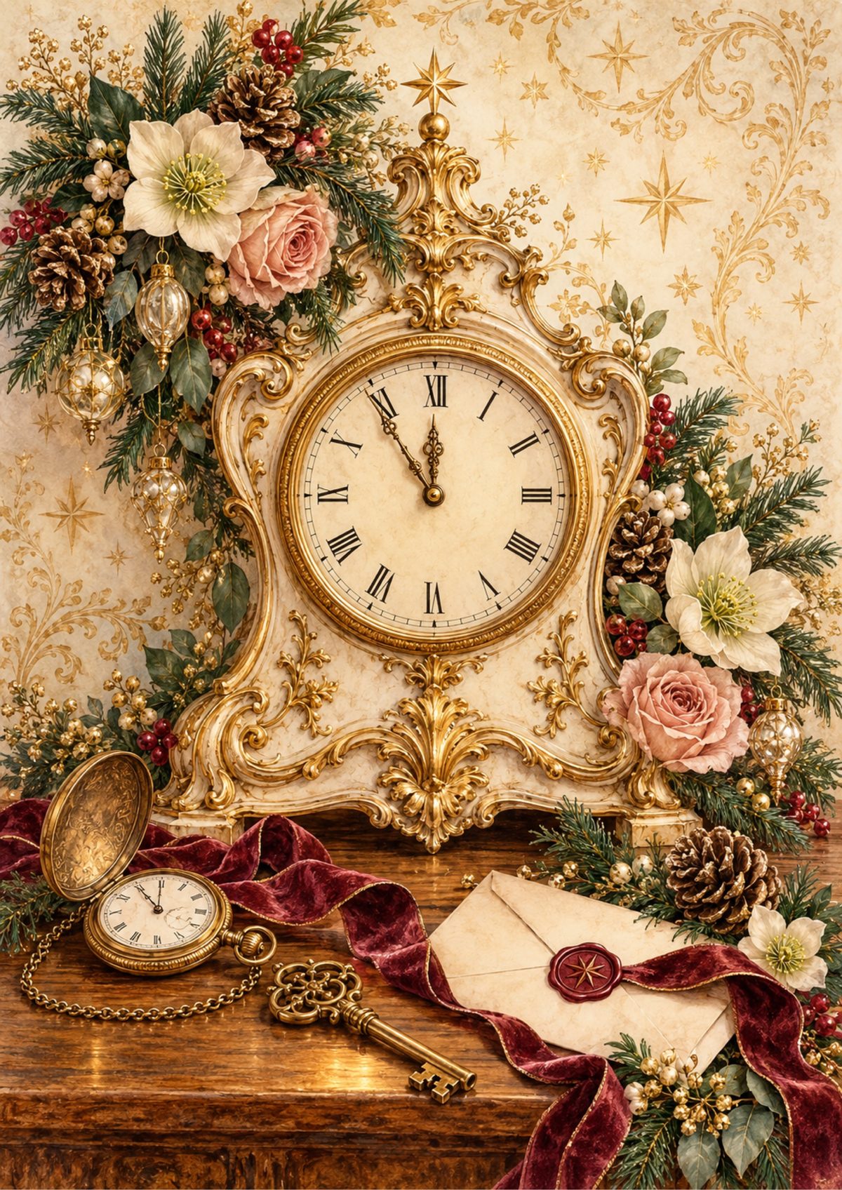 Gold Holiday Clock decoupage rice paper design