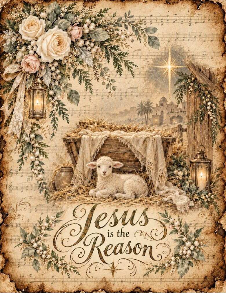 Vintage Nativity Lamb decoupage rice paper design