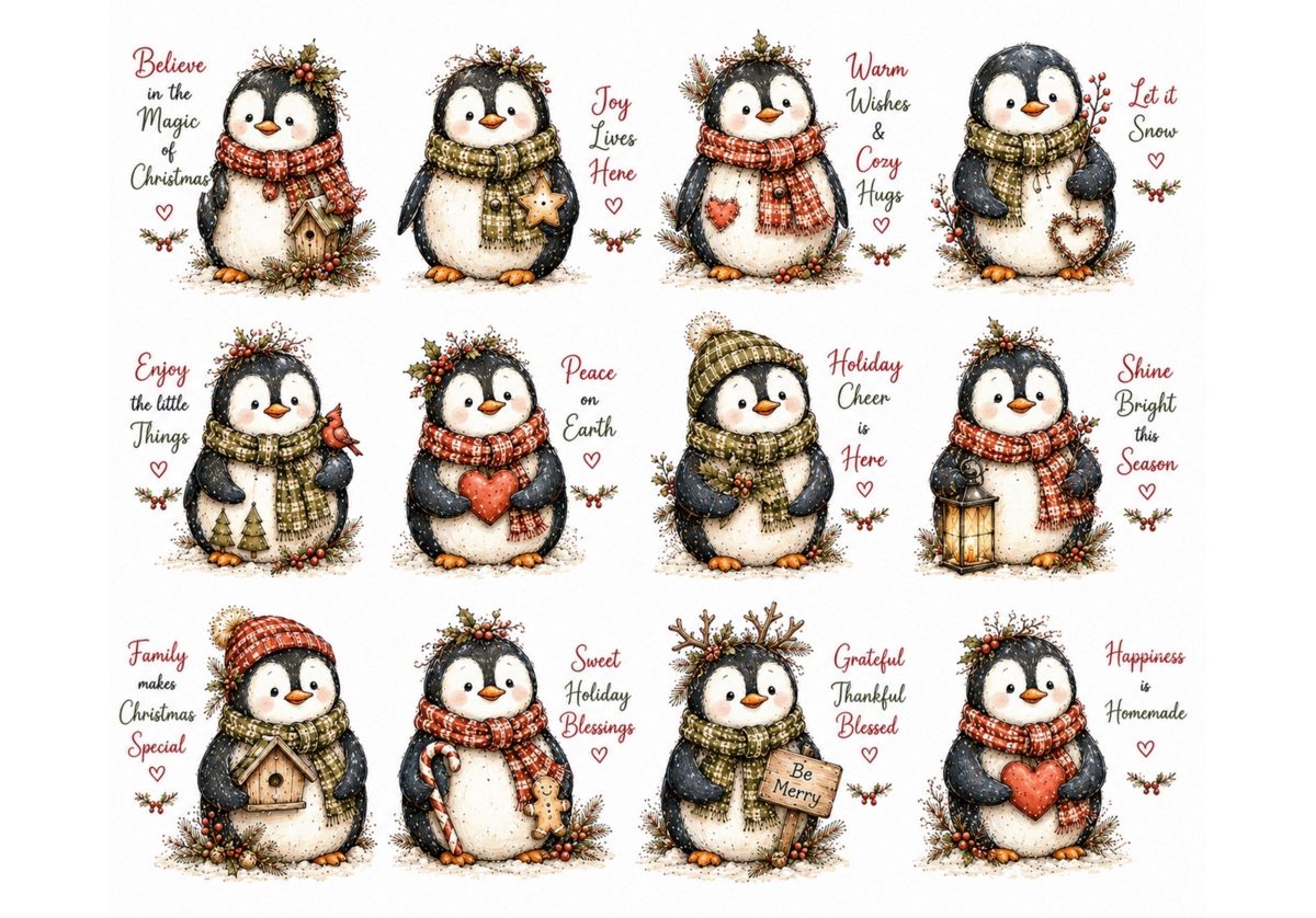 Christmas Penguin Plaid Scarf Sayings decoupage rice paper design