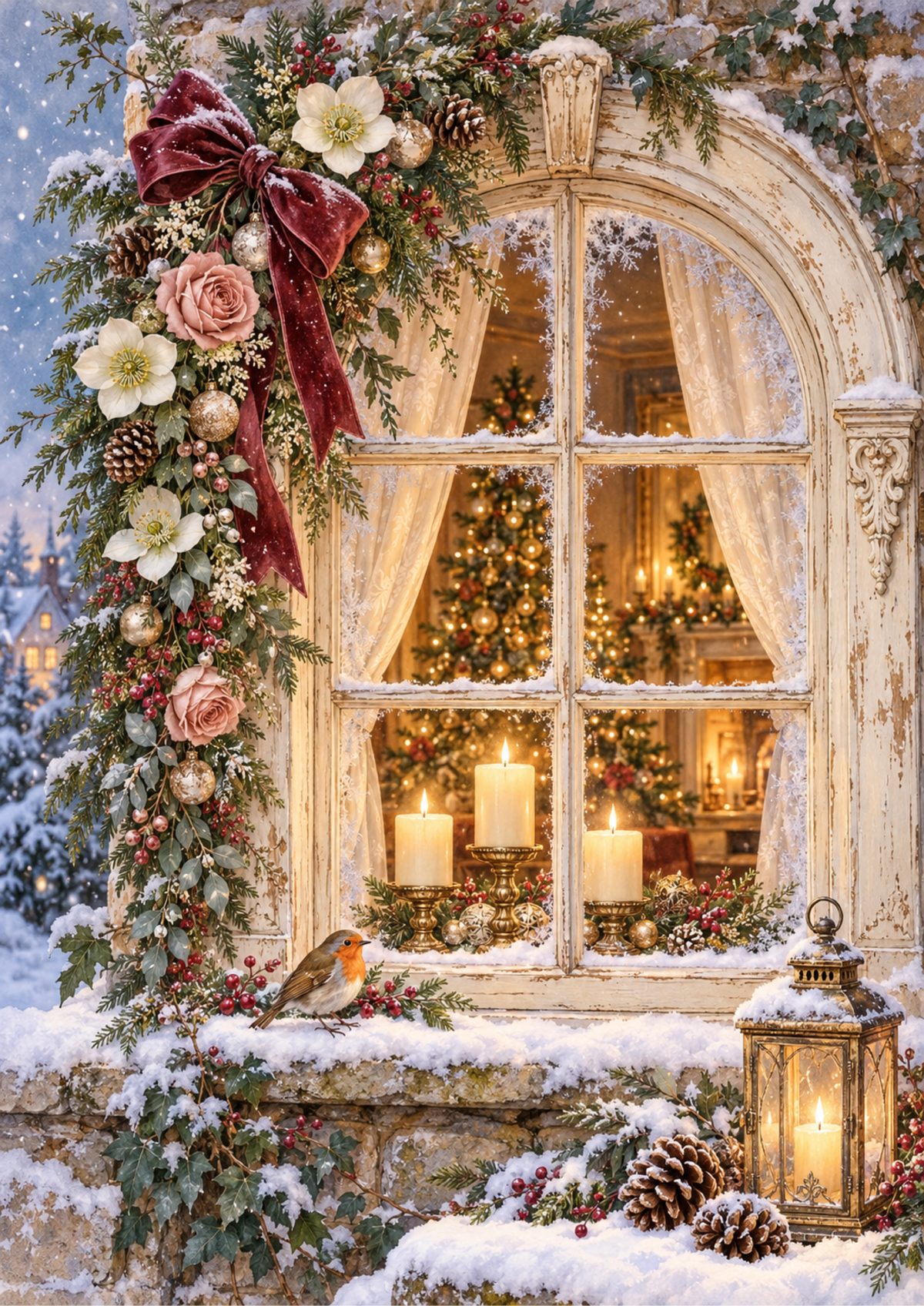 Winter Window Scene decoupage rice paper design