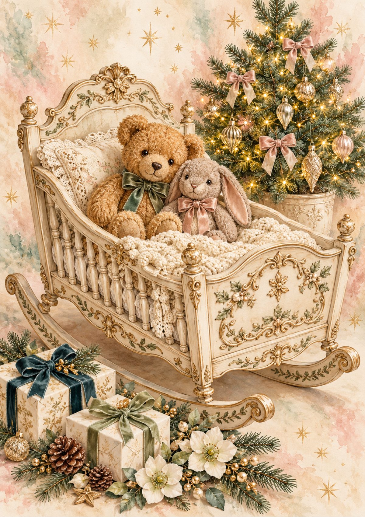 Christmas cradle decoupage rice paper design