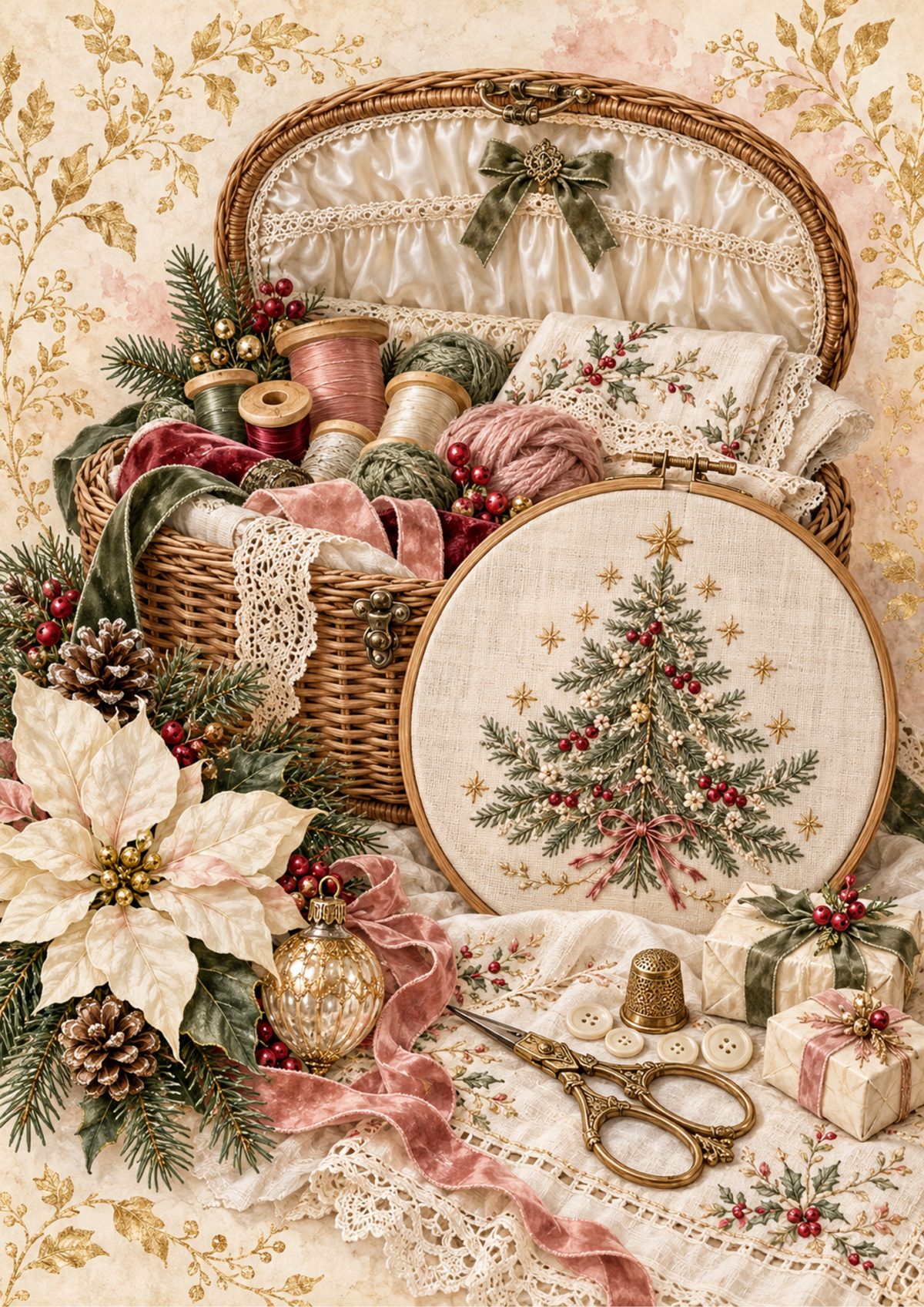 Embroidery basket decoupage rice paper design